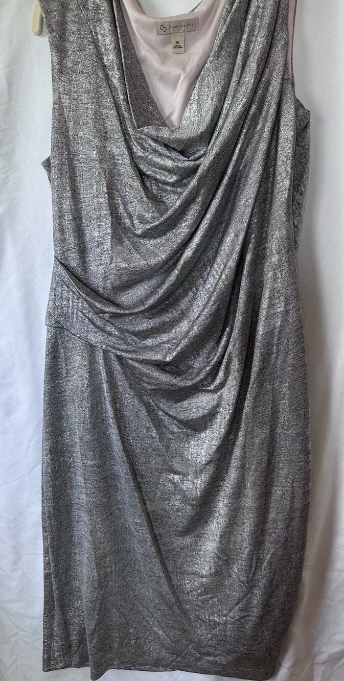 Dressbarn Women’s Silver Sheath Dress 16 Cowl Neck Sleeveless Knee Length